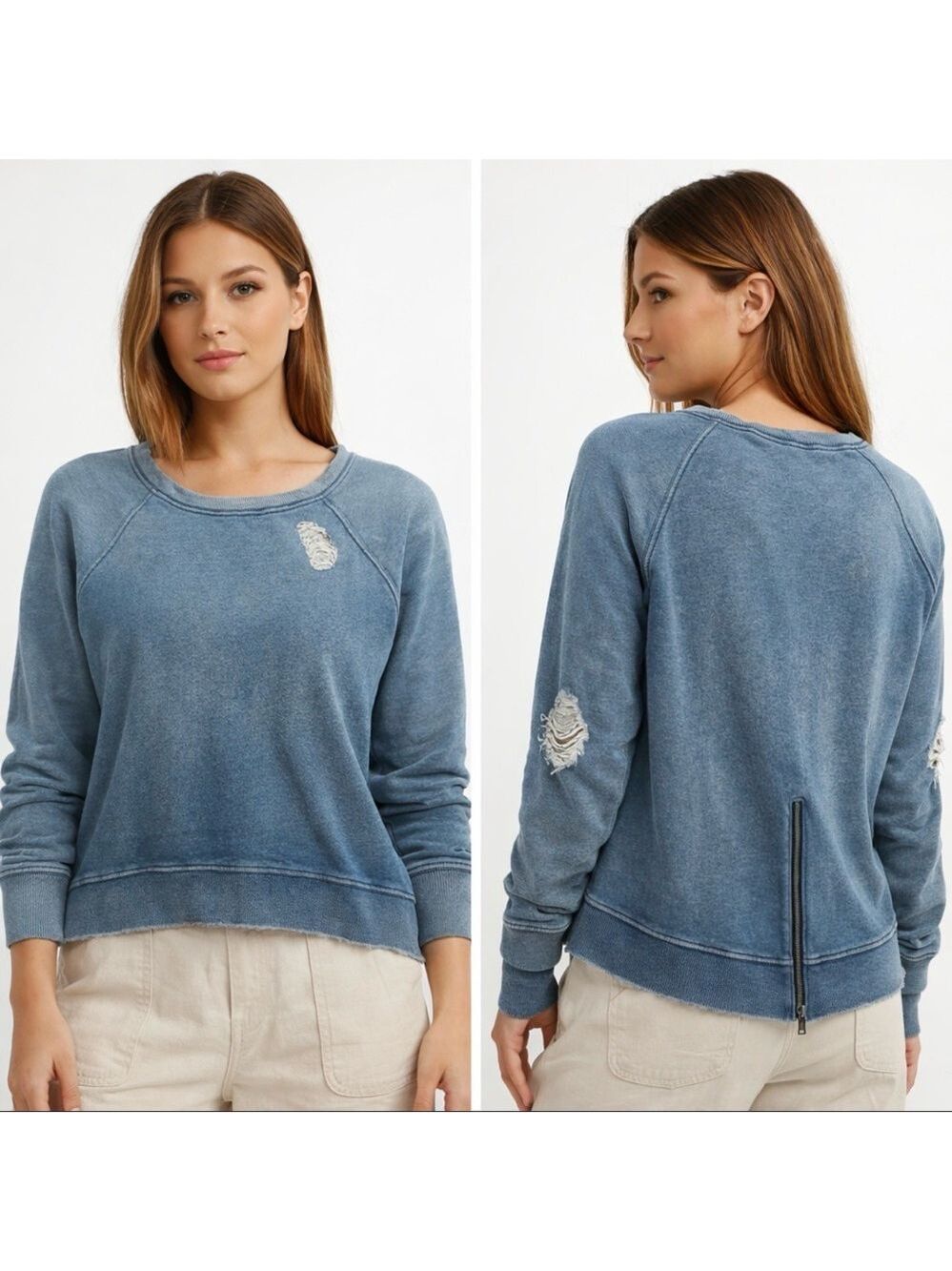 PAM & GELA DISTRESSED HI LOW SWEATSHIRT BACK ZIP DESIGNER LA CASUAL MEDIUM
